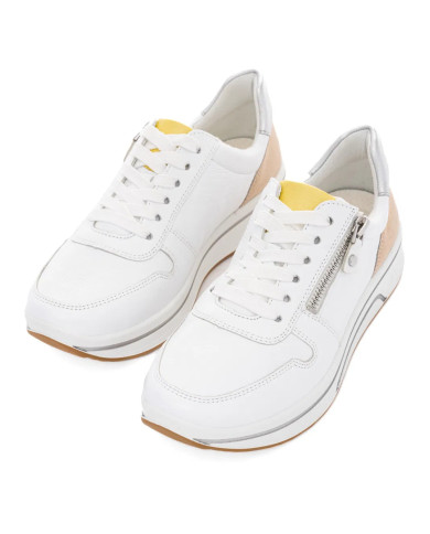 SNEAKERS ARA SHOES  DONNA CERVOCALF,GLOSSYCALF,KALBVELOUR,GAUCHOSOFT-MET SAPPORO 3.0 WEISS LIMONCELLO SHEELL SILBER 12-27540-03 