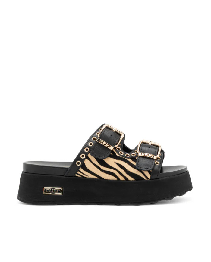 SANDALI CON ZEPPA CULT DONNA JANIS 4306 SANDAL W ZEBRA PR.HAIR LEAT/LEAT. BLK/BEIGE CLW430601 