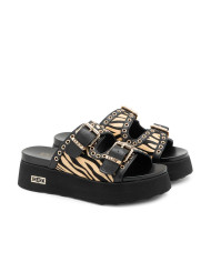 SANDALI CON ZEPPA CULT DONNA JANIS 4306 SANDAL W ZEBRA PR.HAIR LEAT/LEAT. BLK/BEIGE CLW430601 
