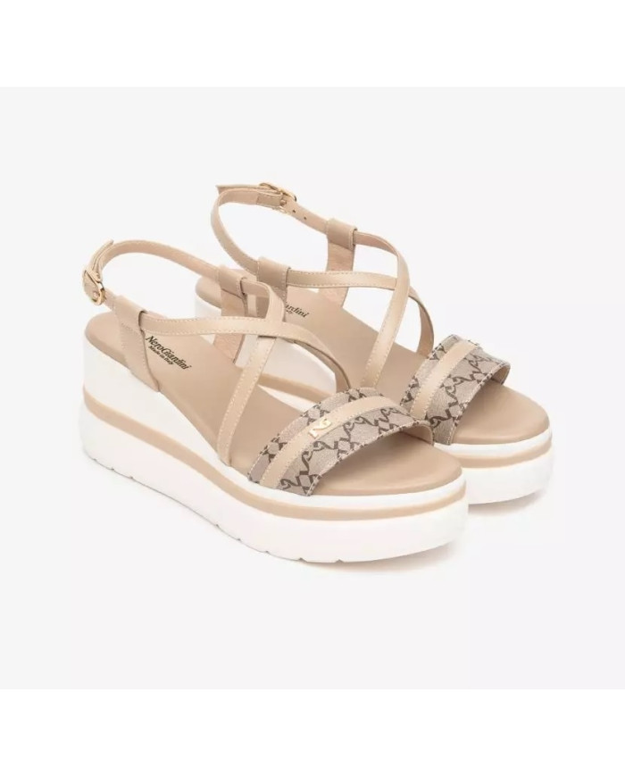 SANDALO CON ZEPPA NEROGIARDINI DONNA T.GIOVE ECRU/T.MORO  TAMIGI LINO PU.ALICANTE E513512D/437