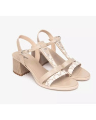SANDALO CON TACCO NEROGIARDINI DONNA T.GIOVE BEIGE/NOCCIO BAROLO LINO TR COIRA NATURALE TACCO 6CM E513433D/412