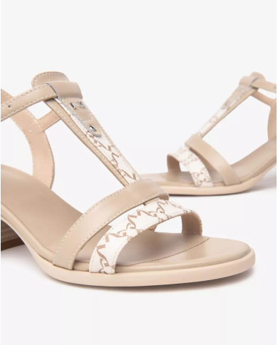 SANDALO CON TACCO NEROGIARDINI DONNA T.GIOVE BEIGE/NOCCIO BAROLO LINO TR COIRA NATURALE TACCO 6CM E513433D/412