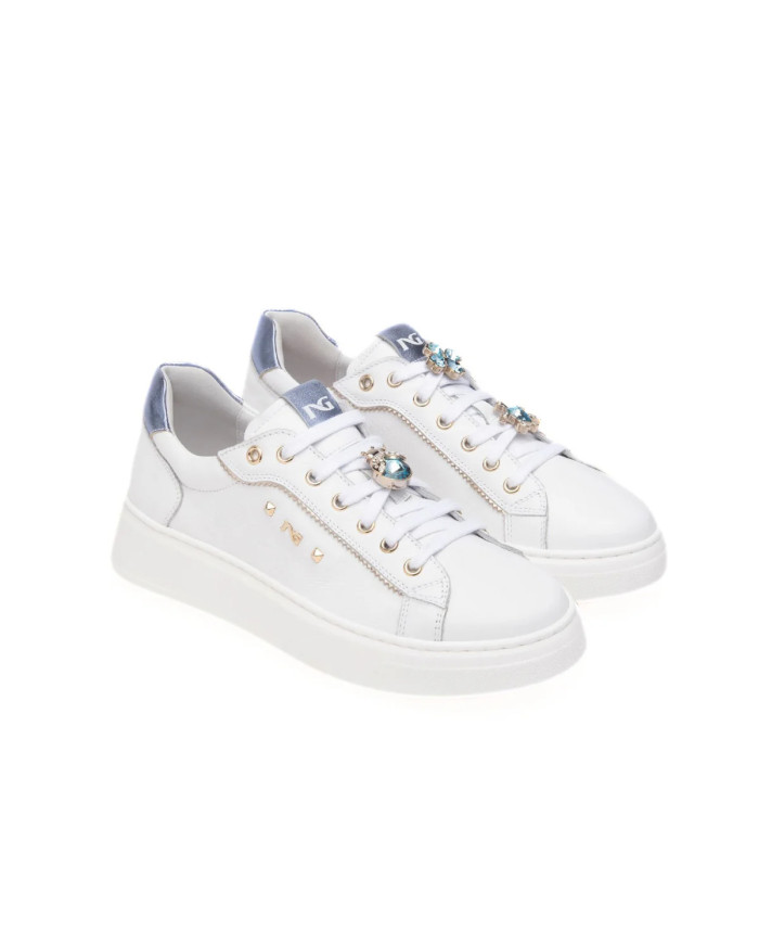 SNEAKERS NEROGIARDINI DONNA CILE BIANCO T.BRILL PLATINO 6074 NAPPA LUX CELESTE 21 TR GON E513060D/707