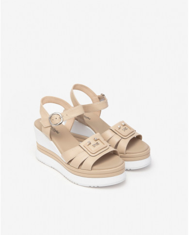 SANDALO CON ZEPPA NEROGIARDINI DONNA LINO PELLE TACCO 8,5CM E410570D/453