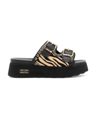 SANDALI CON ZEPPA CULT DONNA JANIS 4306 SANDAL W ZEBRA PR.HAIR LEAT/LEAT. BLK/BEIGE CLW430601 