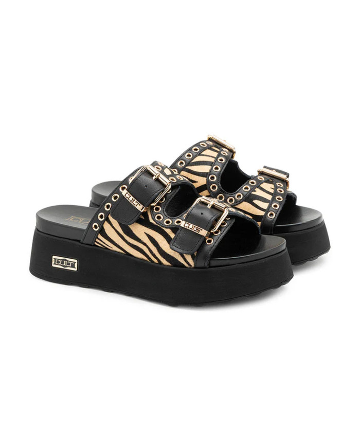SANDALI CON ZEPPA CULT DONNA JANIS 4306 SANDAL W ZEBRA PR.HAIR LEAT/LEAT. BLK/BEIGE CLW430601 