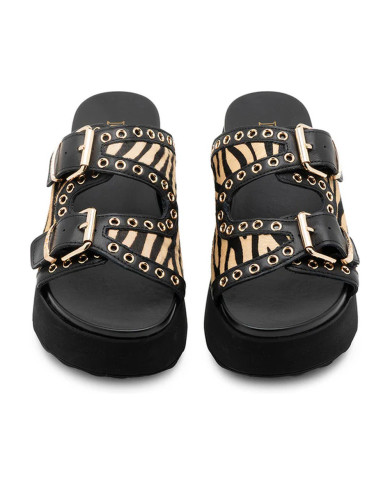 SANDALI CON ZEPPA CULT DONNA JANIS 4306 SANDAL W ZEBRA PR.HAIR LEAT/LEAT. BLK/BEIGE CLW430601 
