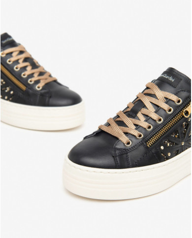 SNEAKERS NEROGIARDINI DONNA GUANTO NERO T.GLITTERNE ETOILE MIELE PU.MONOD.CAPRA I411610D/100
