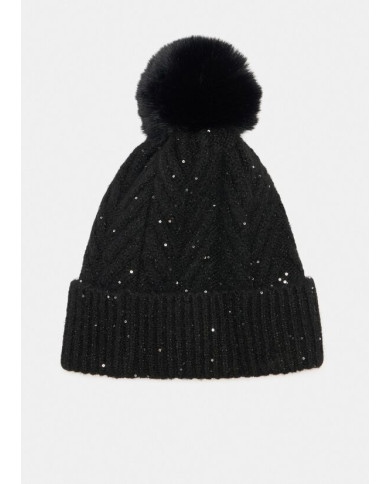 BERRETTO LIU JO DONNA BEANIE CON PONPON E  PAILLETTES NERO 22F5009 M0300 22222